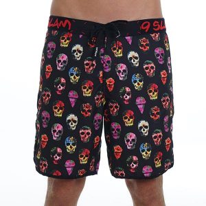 Men Boardshort Medium Length Hibiscus Scull Black